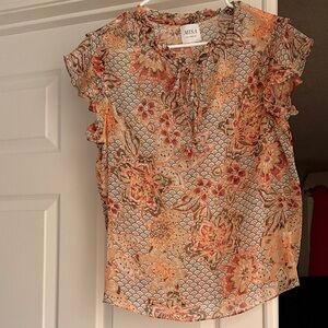 Misa Los Angeles Floral Ruffle Blouse - Orange and Cream NWOT!